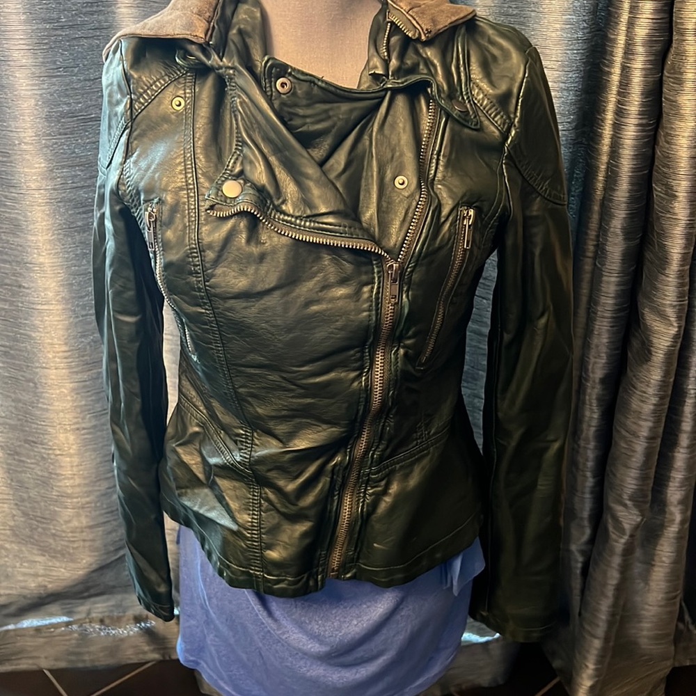 Free people vegan leather size 8 jacket with hood.